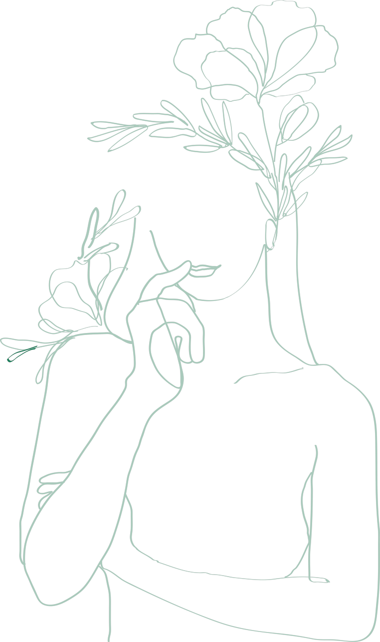 Illustration — femme et fleurs, ligne-art vert