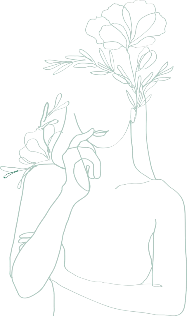 Illustration — femme et fleurs, ligne-art vert